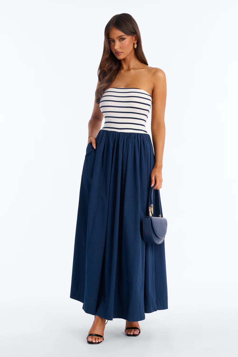 Navy and White Stripe Strapless Ribbed Bodice Maxi Dress - Front View Close Up Bodice