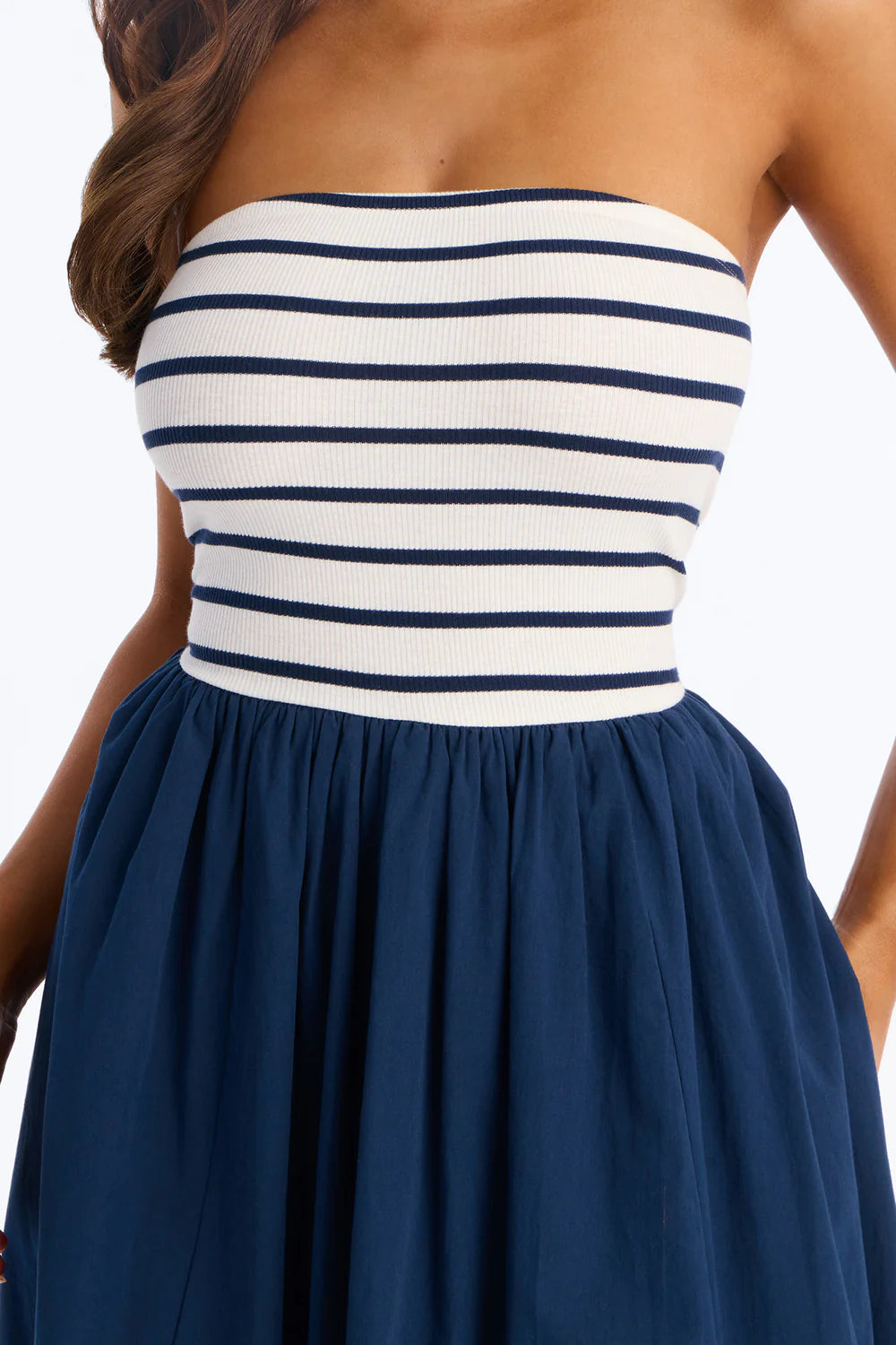 Navy and White Stripe Strapless Ribbed Bodice Maxi Dress - Front View Full Length