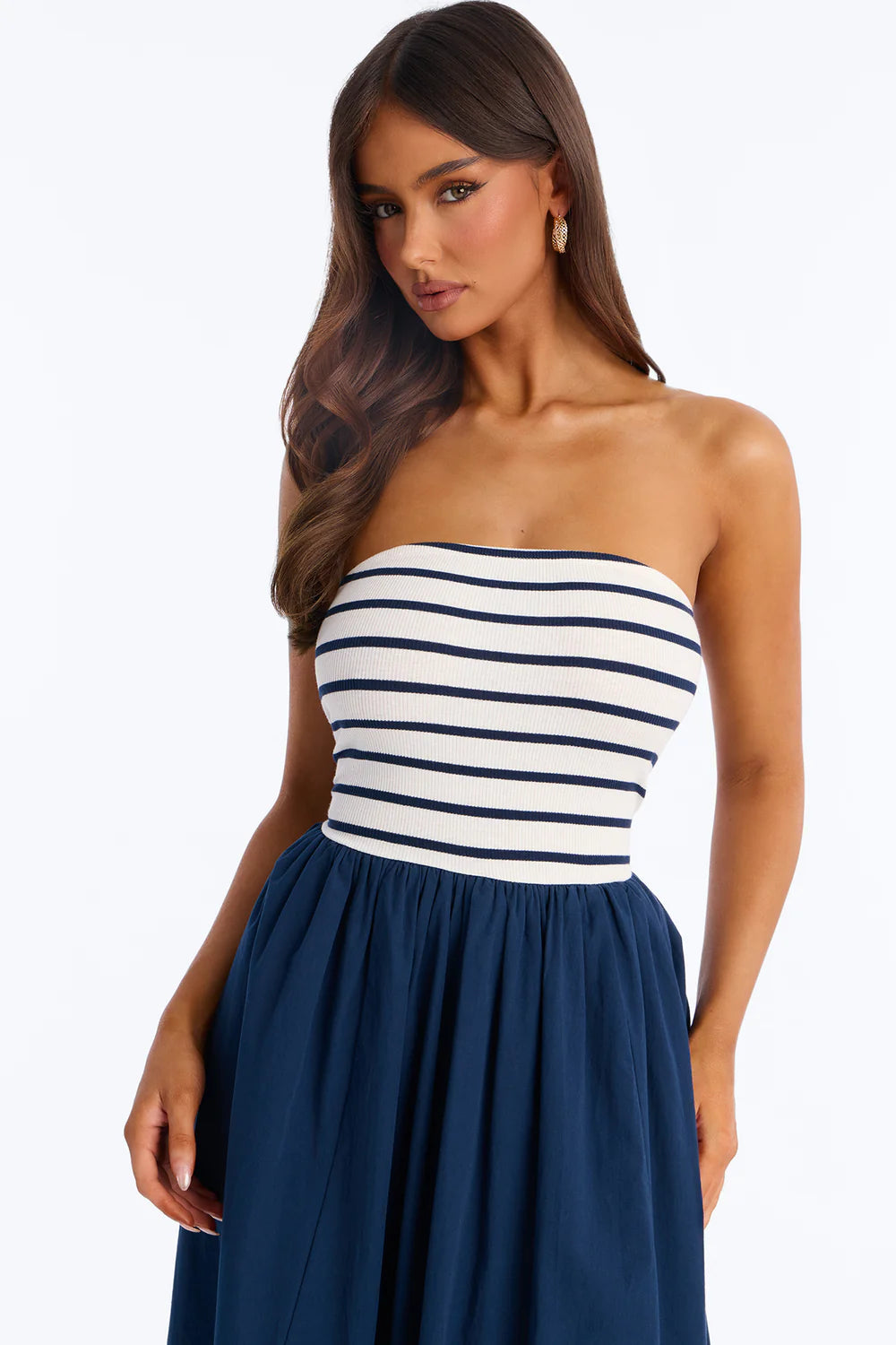Navy and White Stripe Strapless Ribbed Bodice Maxi Dress - Side View Full Length