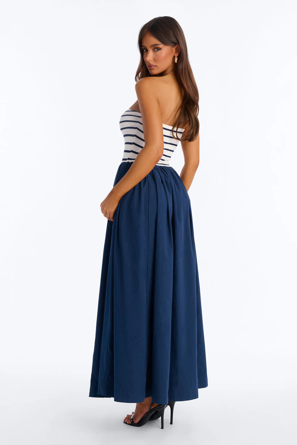 Navy and White Stripe Strapless Ribbed Bodice Maxi Dress - Back View Full Length