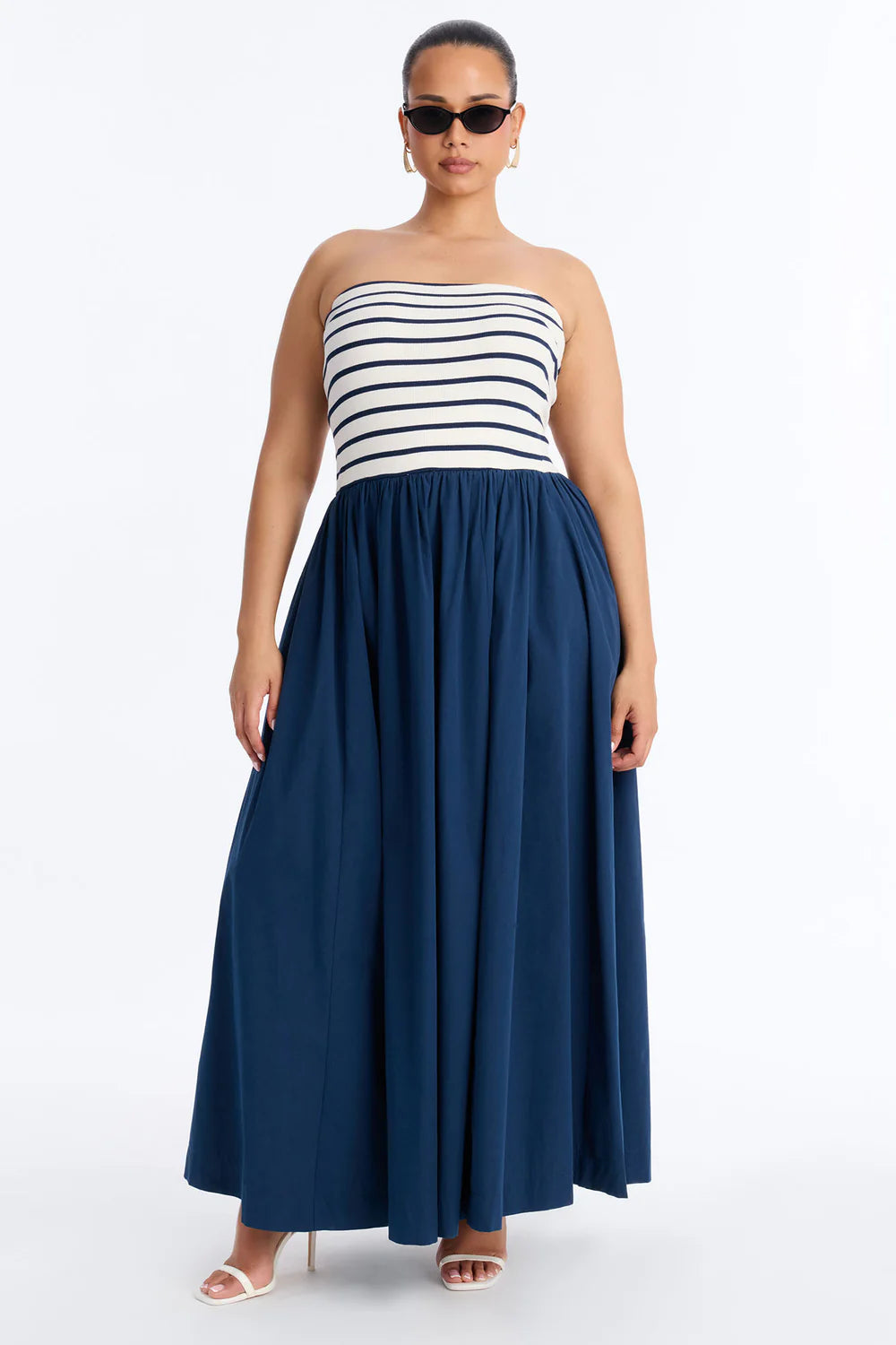 Navy and White Stripe Strapless Ribbed Bodice Maxi Dress - Plus Size Full Length Front View