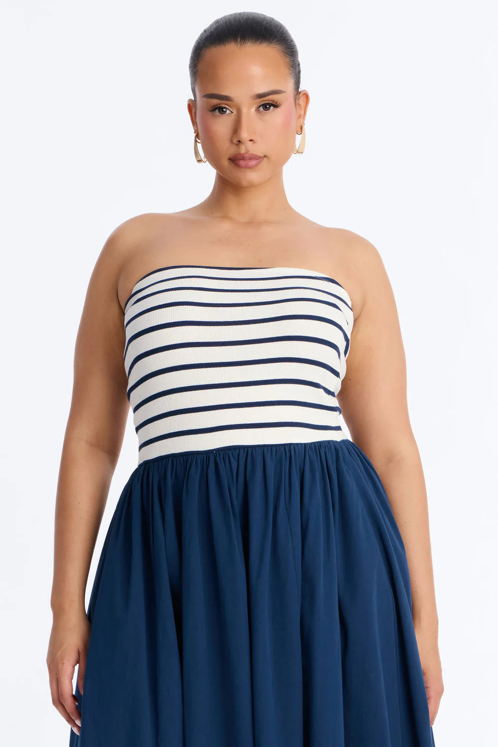 Navy and White Stripe Strapless Ribbed Bodice Maxi Dress - Plus Size Close Up Bodice Front View