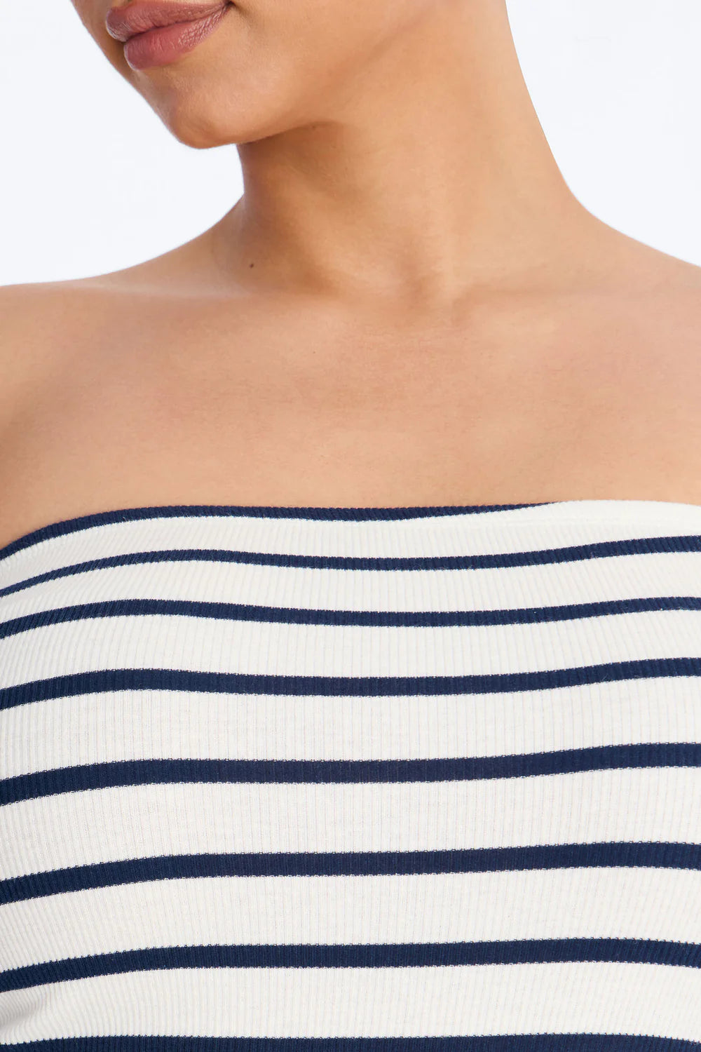Navy and White Stripe Strapless Ribbed Bodice Maxi Dress - Plus Size Side View Full Length