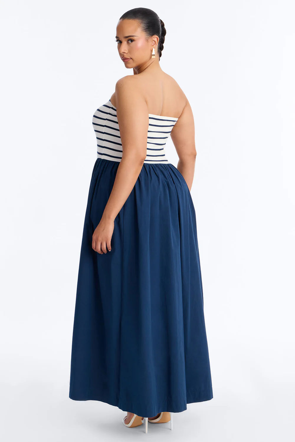 Navy and White Stripe Strapless Ribbed Bodice Maxi Dress - Plus Size Back View Full Length