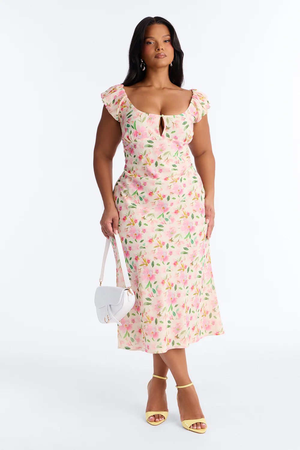 Pink Floral Print Ruffle Strap Keyhole Midi Dress - Plus Size Front Full Length
