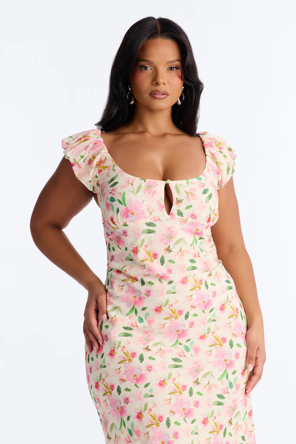Pink Floral Print Ruffle Strap Keyhole Midi Dress - Plus Size Side View