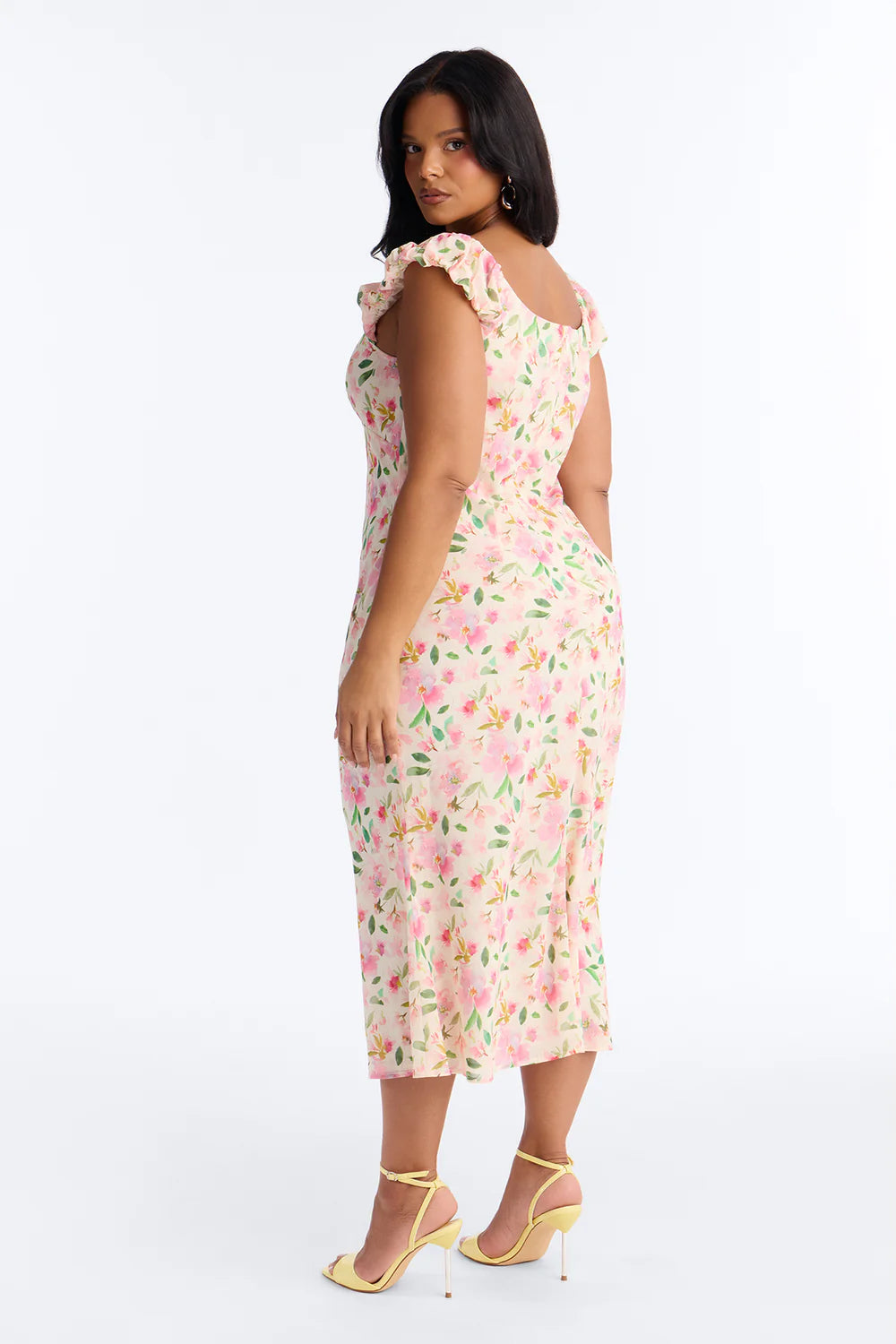 Pink Floral Print Ruffle Strap Keyhole Midi Dress - Plus Size Three Quarter View