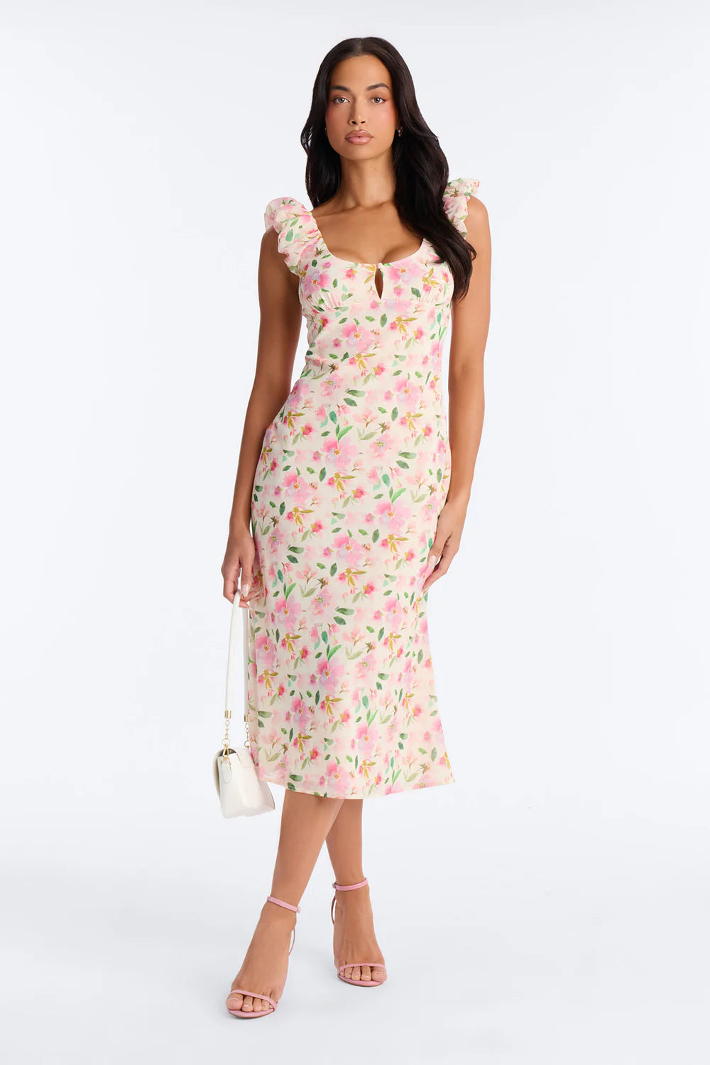 Pink Floral Print Ruffle Strap Keyhole Midi Dress - Front Full Length