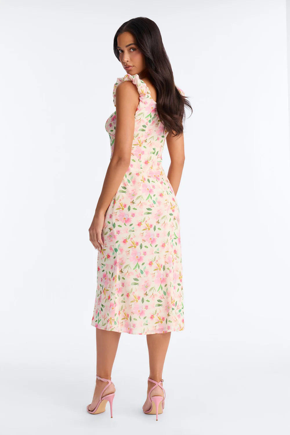 Pink Floral Print Ruffle Strap Keyhole Midi Dress - Front Close Up Neckline
