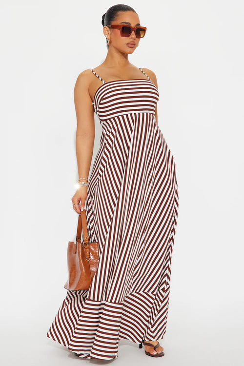 Brown Stripe Square Neck Chain Strap Maxi Dress - Full Length Front View