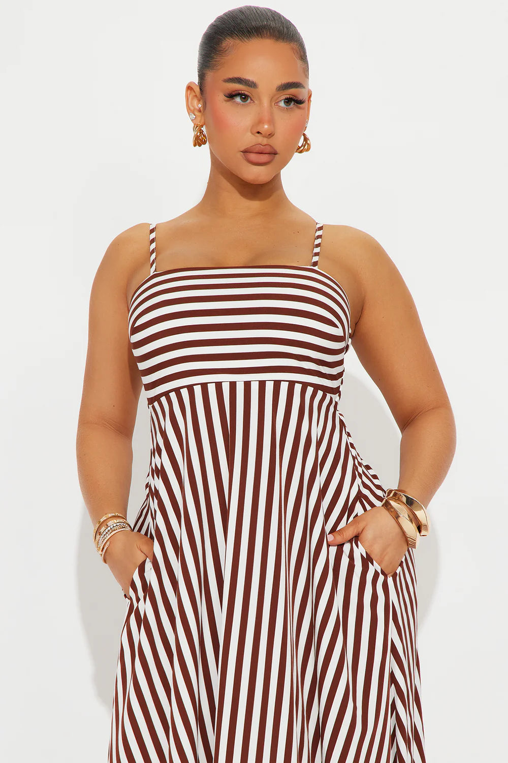 Brown Stripe Square Neck Chain Strap Maxi Dress - Close Up Front View with Pockets