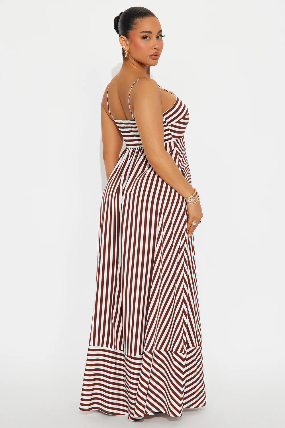 Brown Stripe Square Neck Chain Strap Maxi Dress - Back View