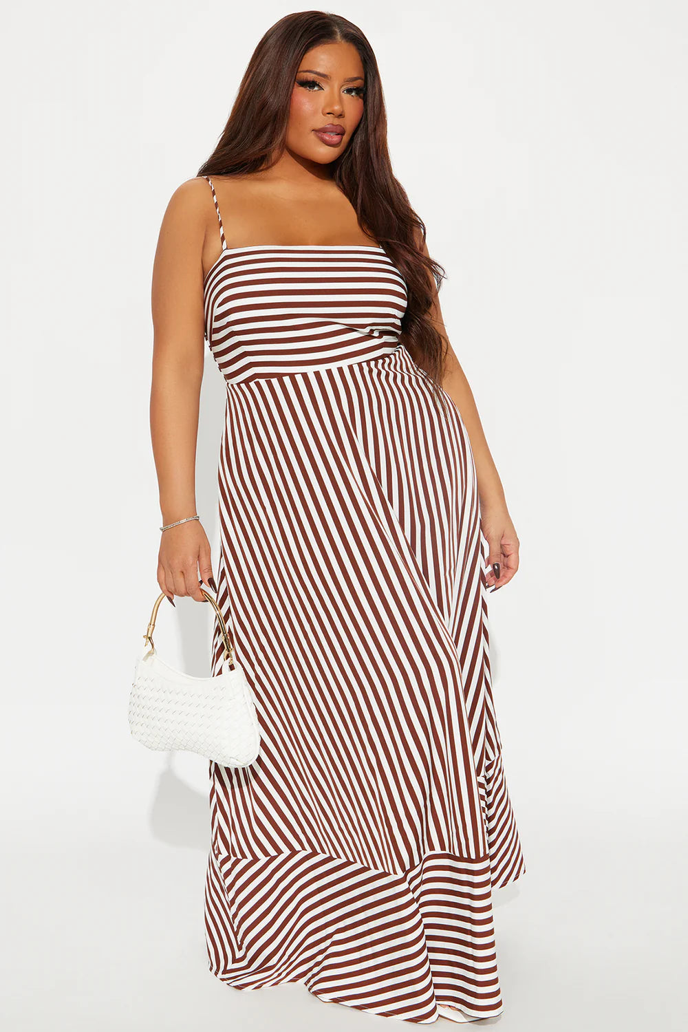 Brown Stripe Square Neck Chain Strap Maxi Dress - Plus Size Full Length Front View