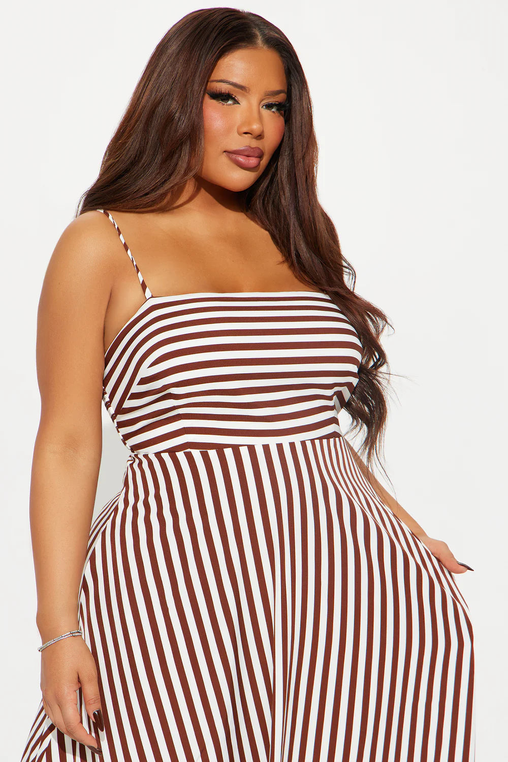 Brown Stripe Square Neck Chain Strap Maxi Dress - Plus Size Close Up Front View