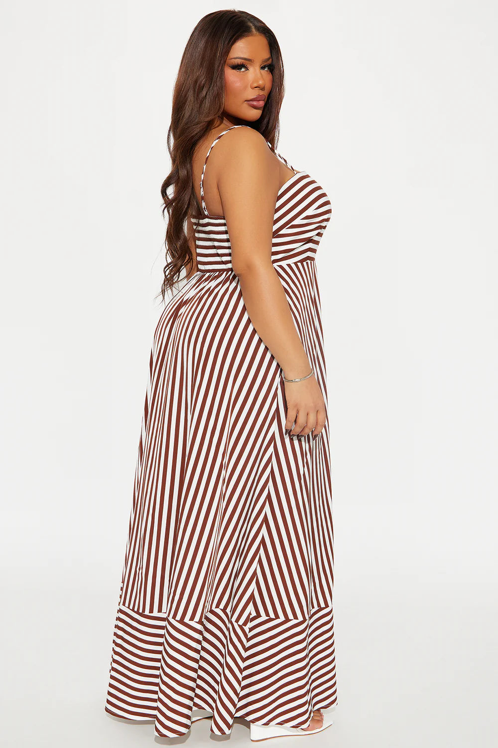 Brown Stripe Square Neck Chain Strap Maxi Dress - Plus Size Back View