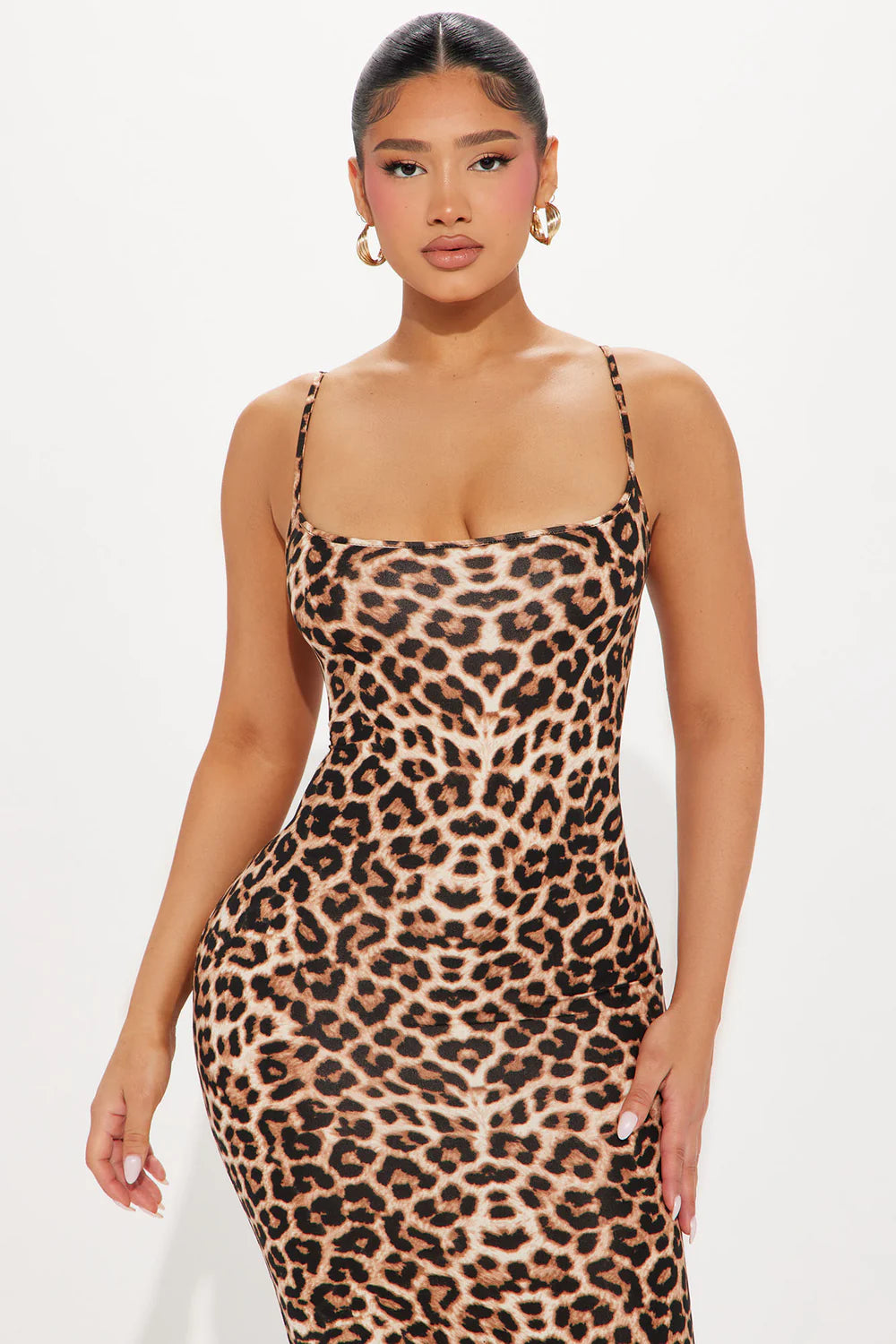 Leopard Print Spaghetti Strap Bodycon Maxi Dress - Brown Combo - Side View