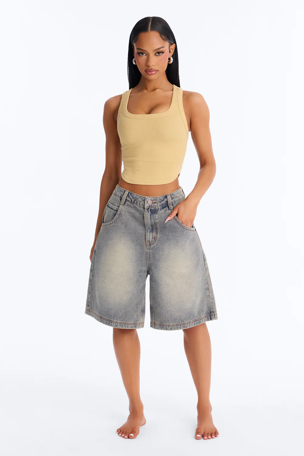 Honey Ribbed Square Neck Crop Tank Top - Full Length Front