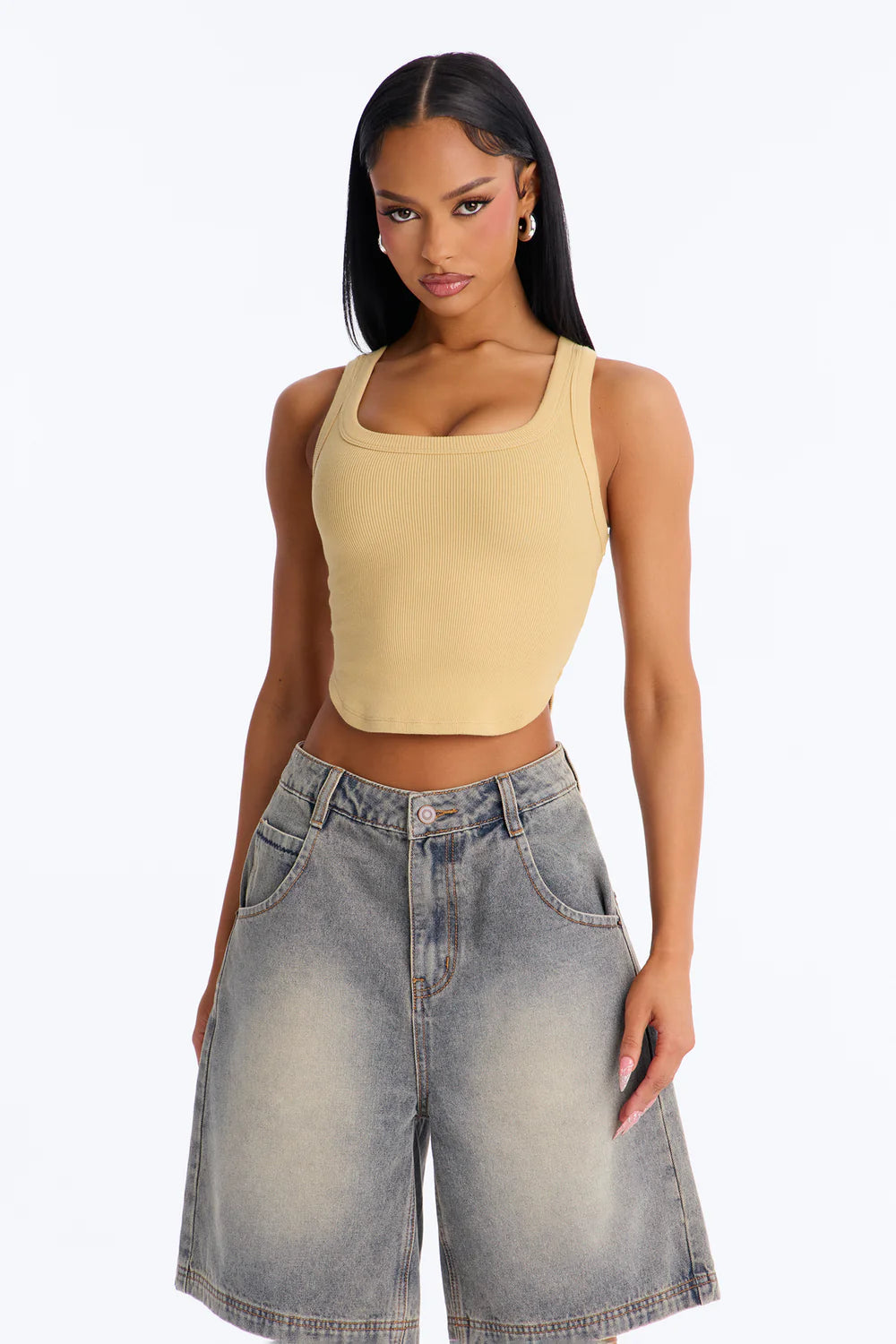 Honey Ribbed Square Neck Crop Tank Top - Neckline Close Up