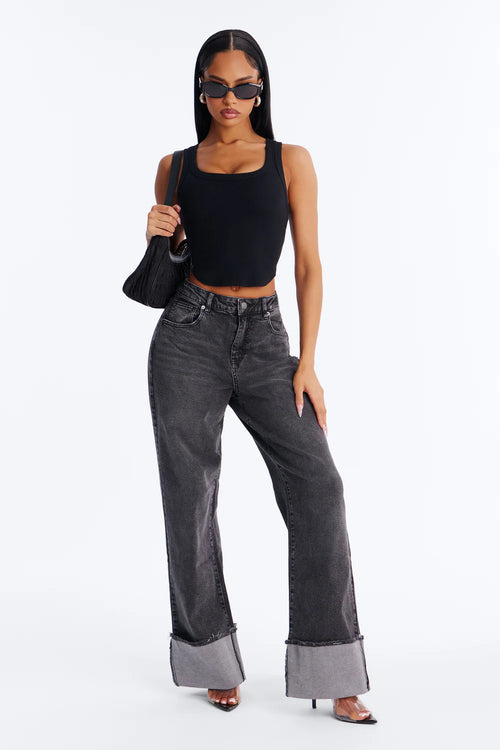 Black Ribbed Square Neck Crop Tank Top - Full Length Front