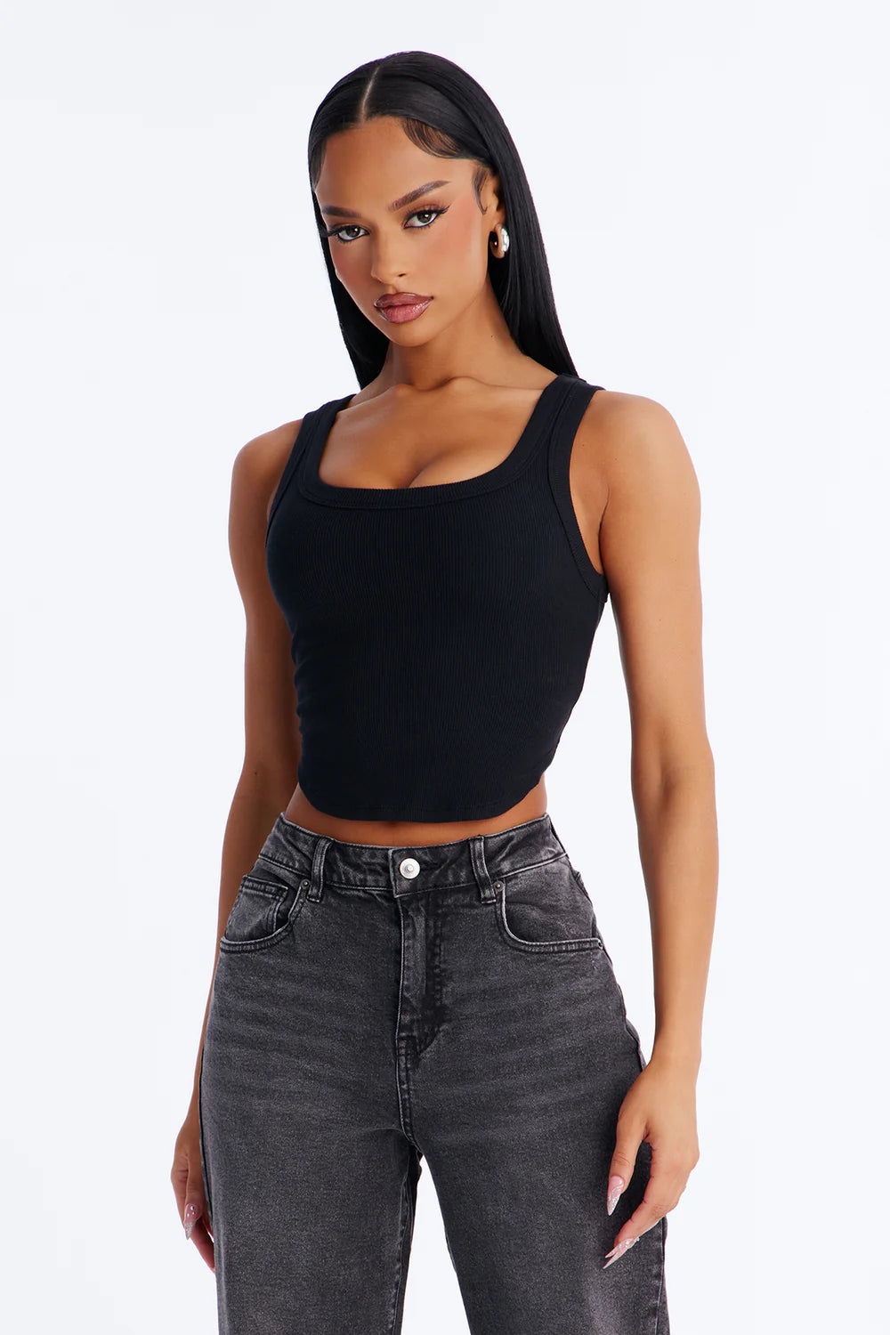 Black Ribbed Square Neck Crop Tank Top - Front Close Up