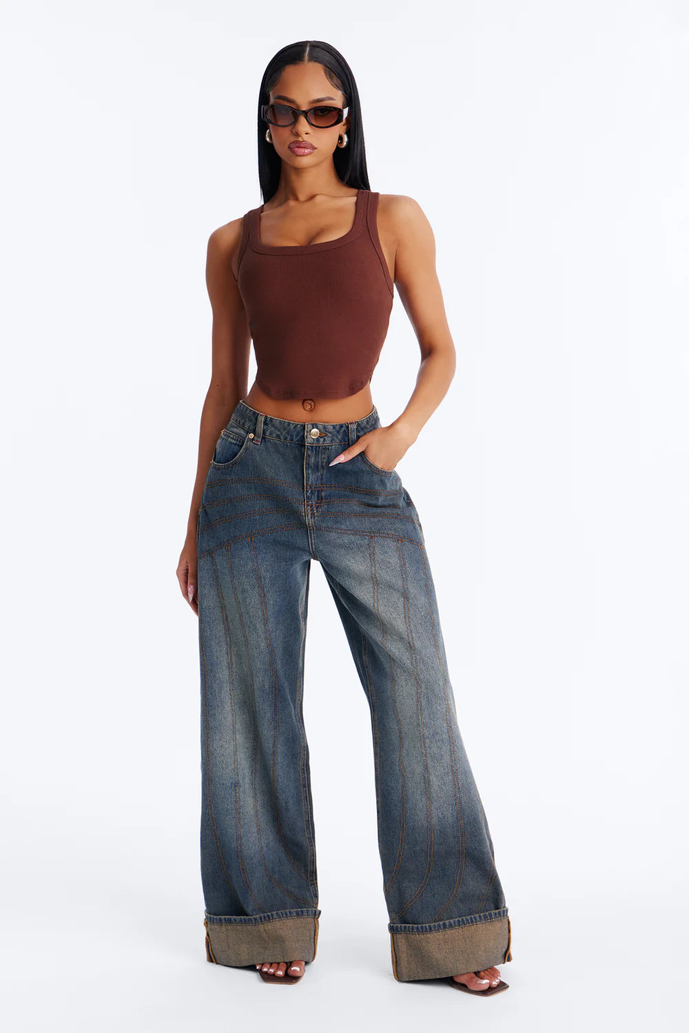 Brown Ribbed Square Neck Crop Tank Top