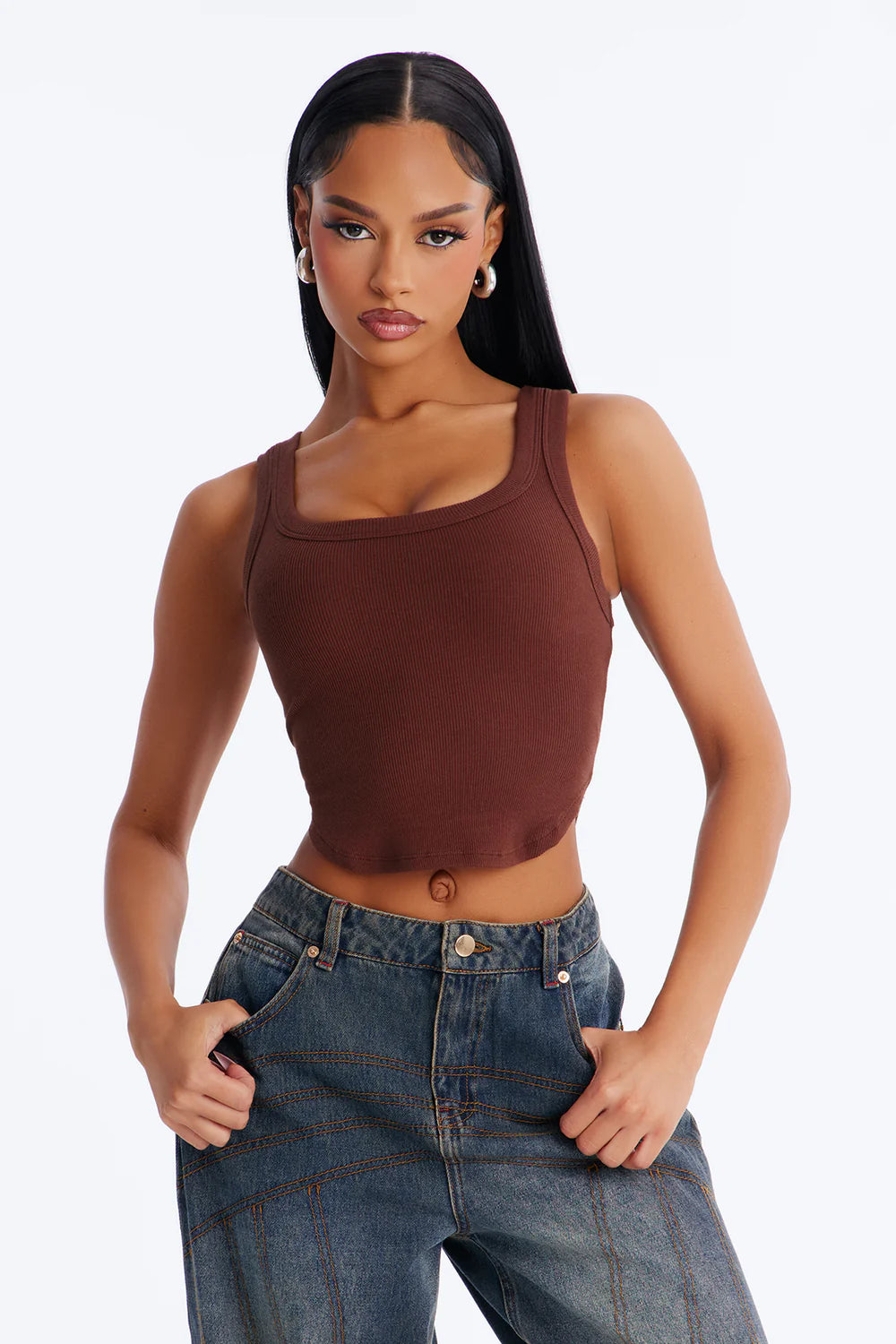 Brown Ribbed Square Neck Crop Tank Top