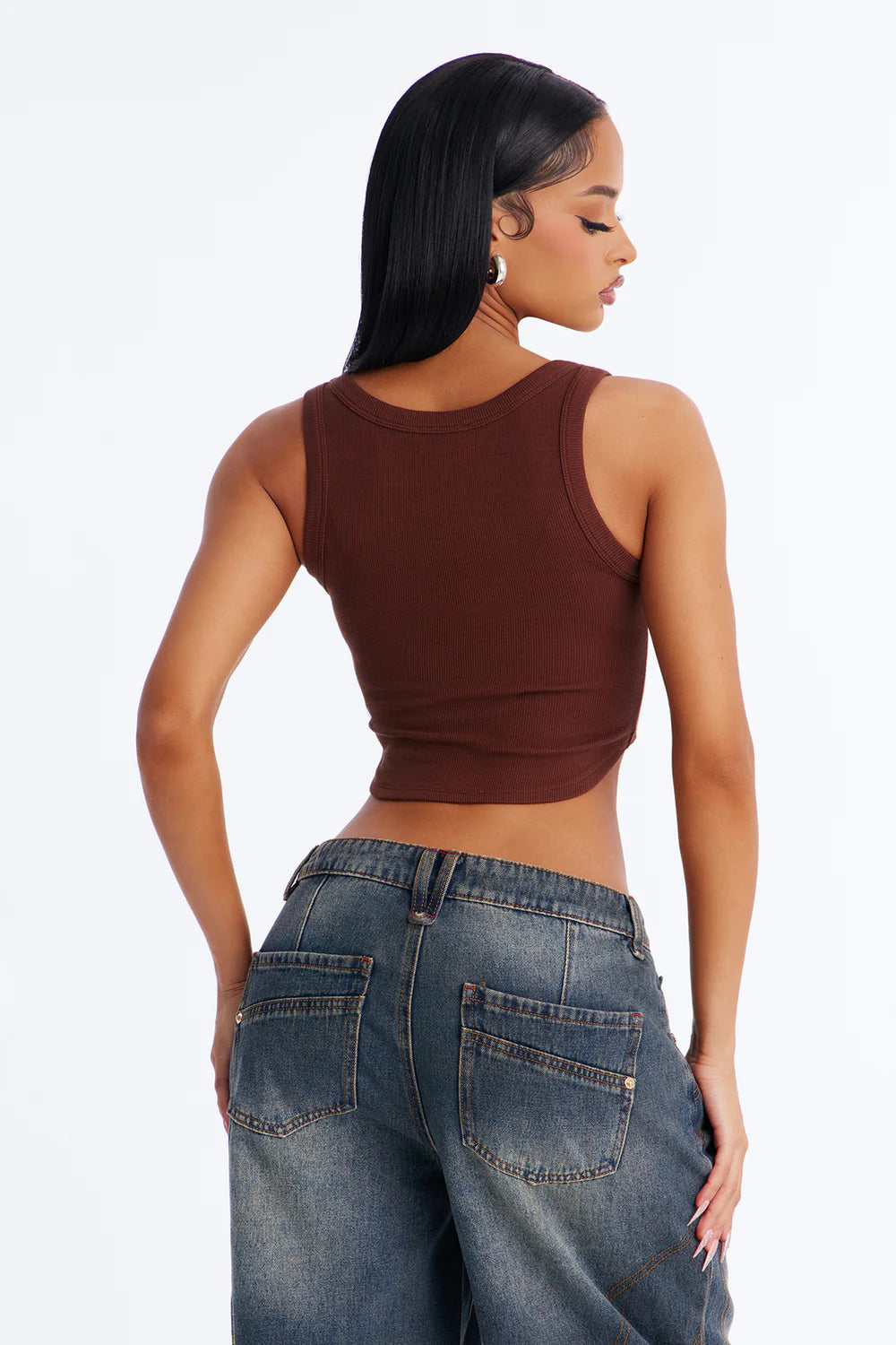 Brown Ribbed Square Neck Crop Tank Top
