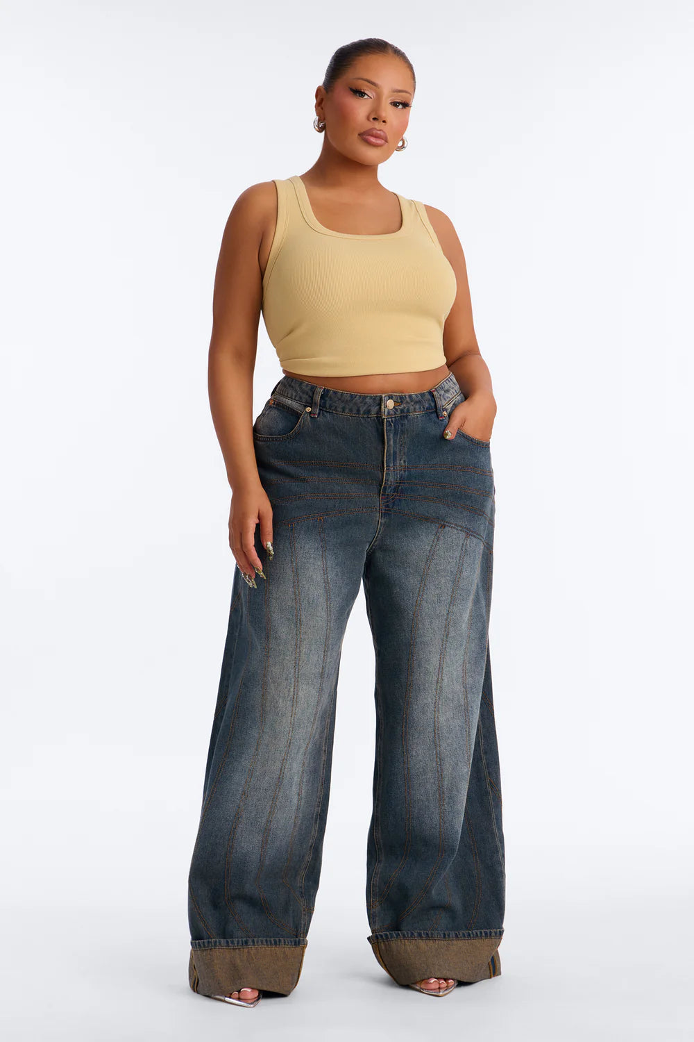 Honey Ribbed Square Neck Crop Tank Top - Plus Size Full Length Front