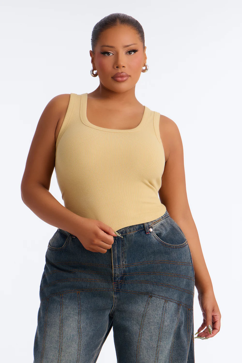 Honey Ribbed Square Neck Crop Tank Top - Plus Size Front View