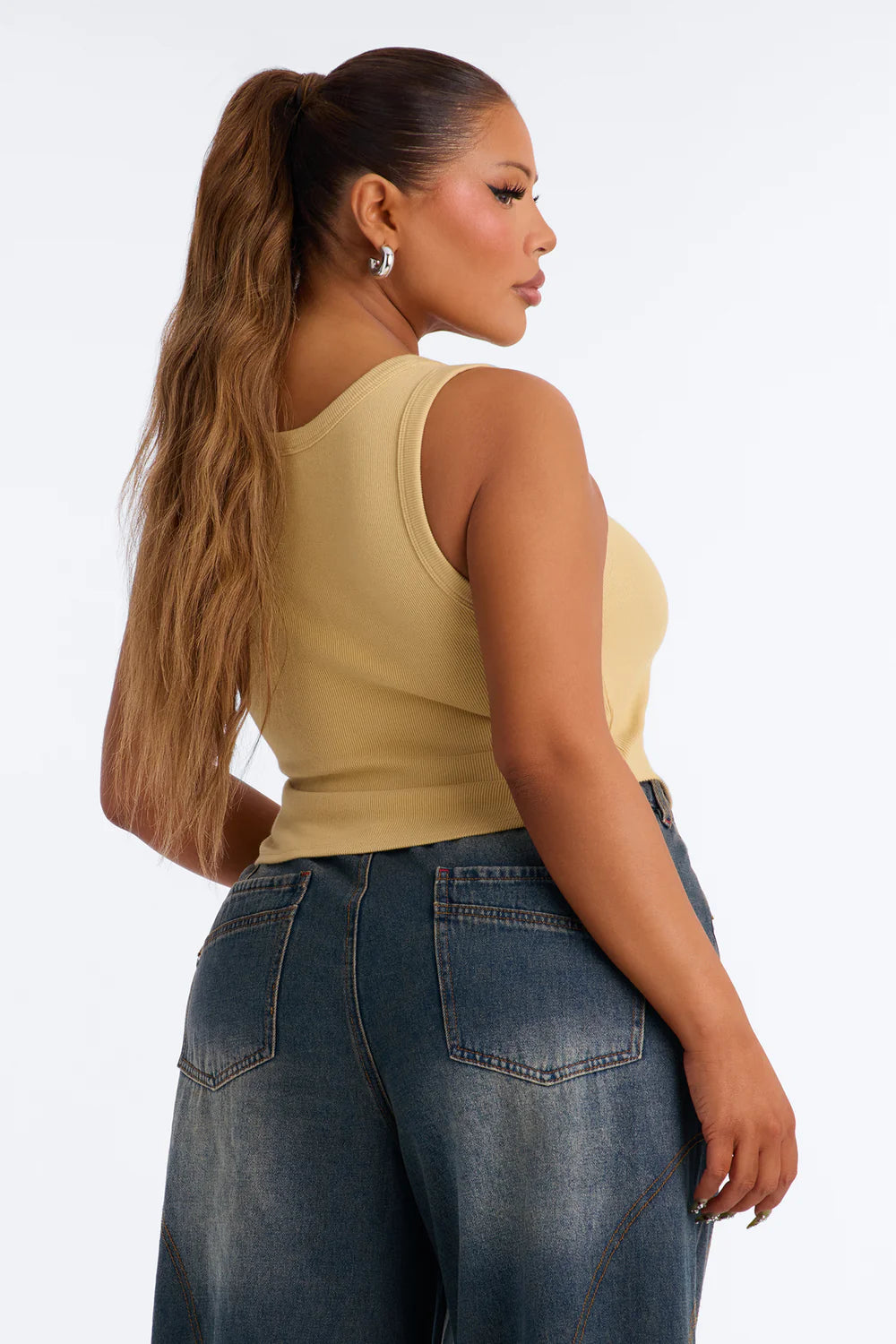 Honey Ribbed Square Neck Crop Tank Top - Plus Size Back View