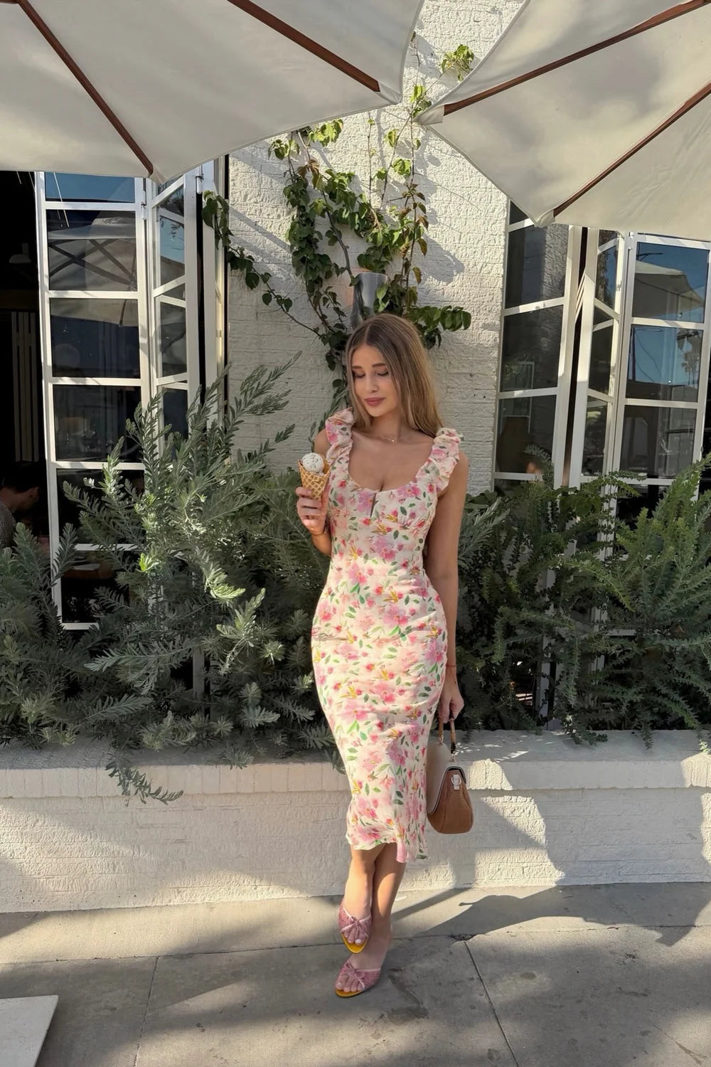 Pink Floral Print Ruffle Strap Keyhole Midi Dress - Plus Size Front View