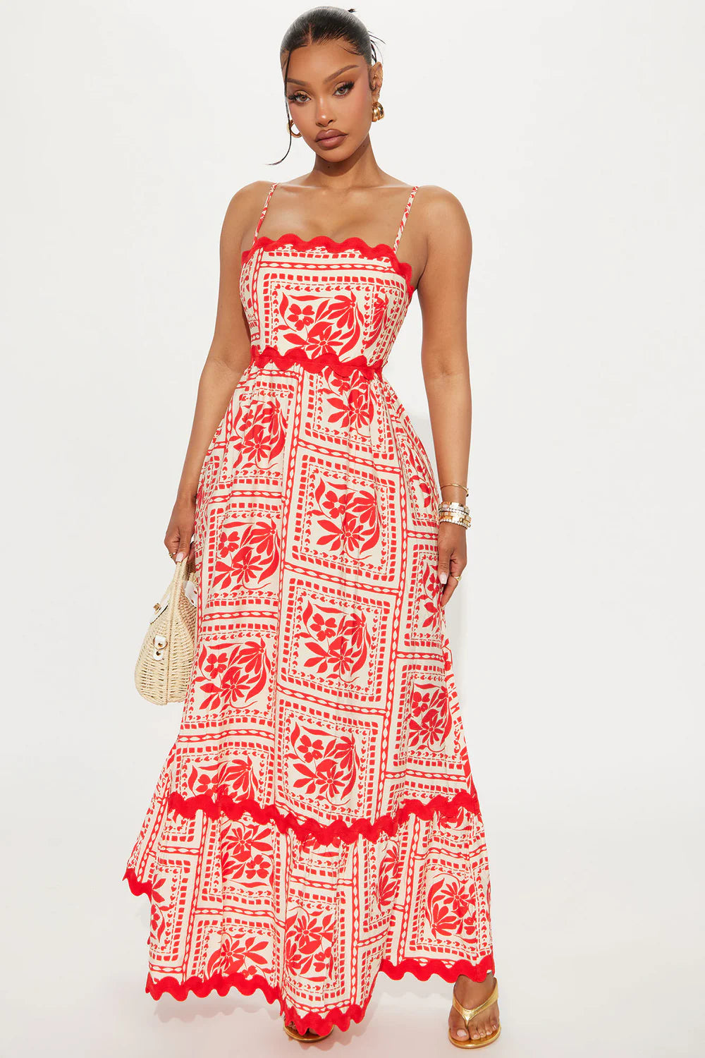 Red and Cream Tropical Print Scallop Trim Maxi Dress - Full Length Front View