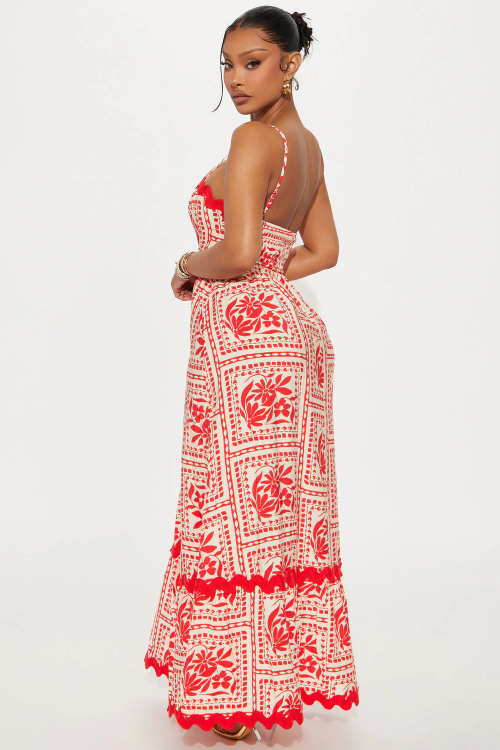 Red and Cream Tropical Print Scallop Trim Maxi Dress - Back View