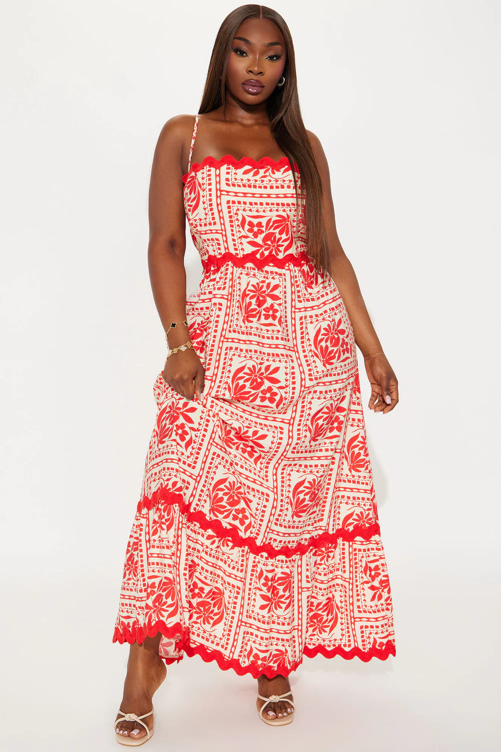 Red and Cream Tropical Print Scallop Trim Maxi Dress - Plus Size Full Length Front View