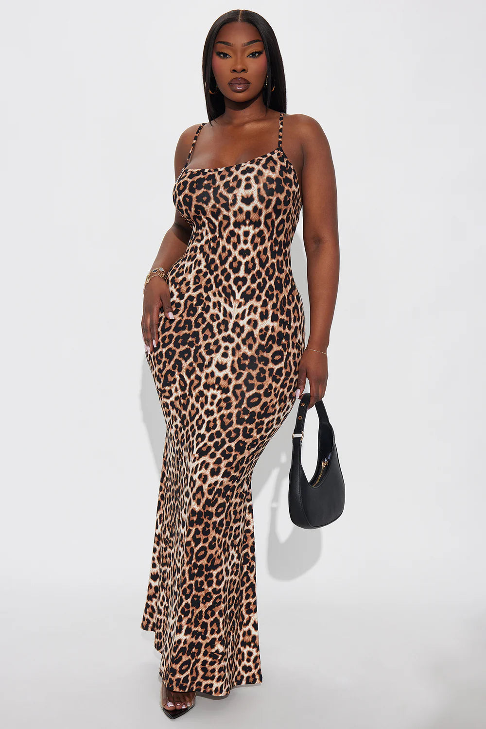 Leopard Print Spaghetti Strap Bodycon Maxi Dress - Brown Combo - Plus Size Side View