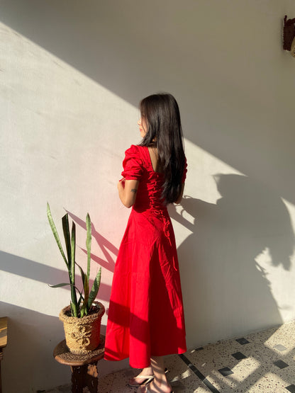Vibrant Red Midi Dress with Puff Sleeves and Front Slit