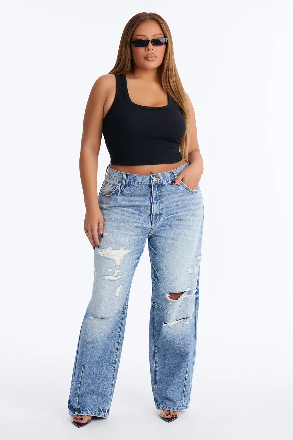 Black Ribbed Square Neck Crop Tank Top - Plus Size Back View