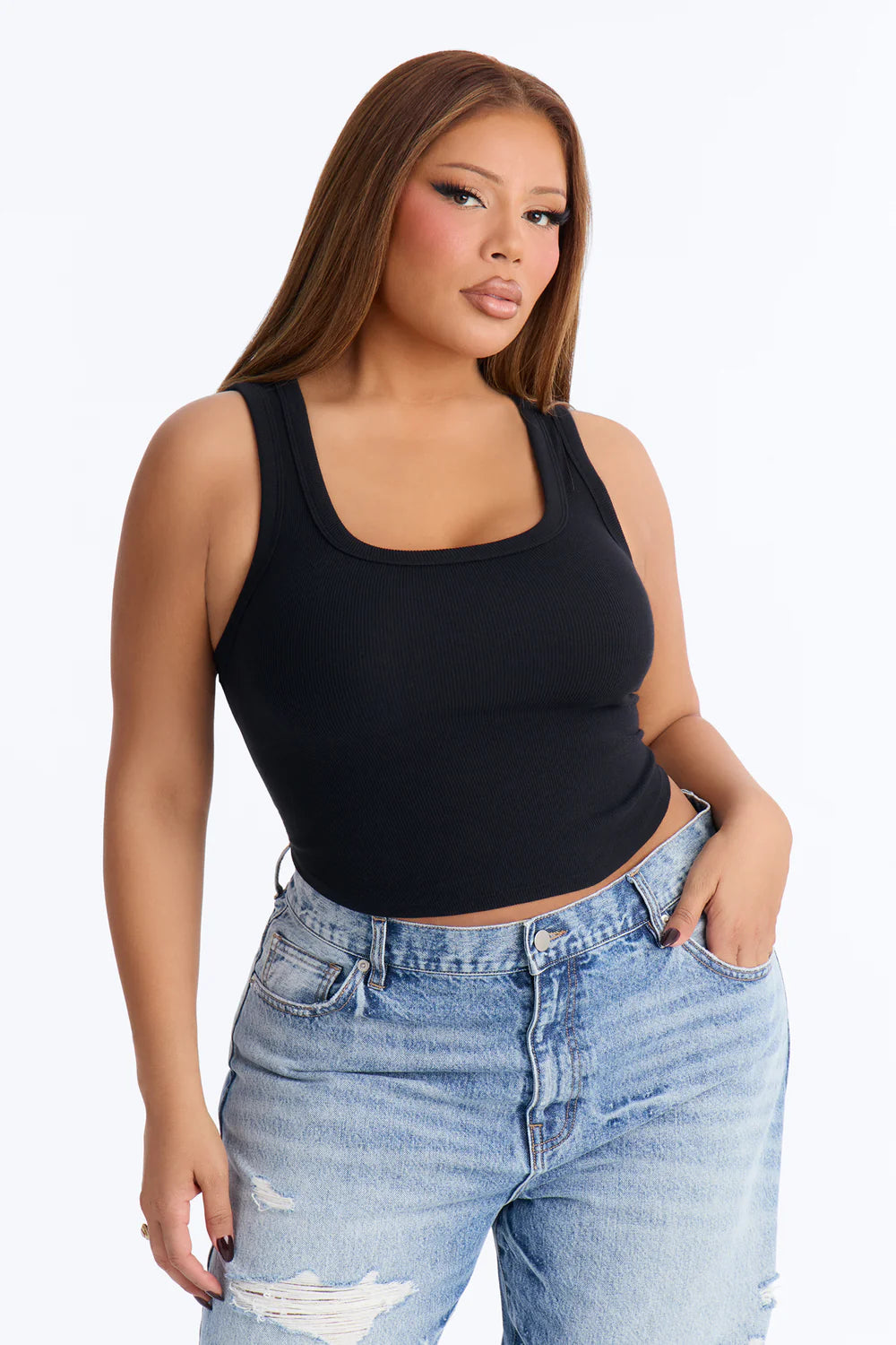 Black Ribbed Square Neck Crop Tank Top - Plus Size Three Quarter View