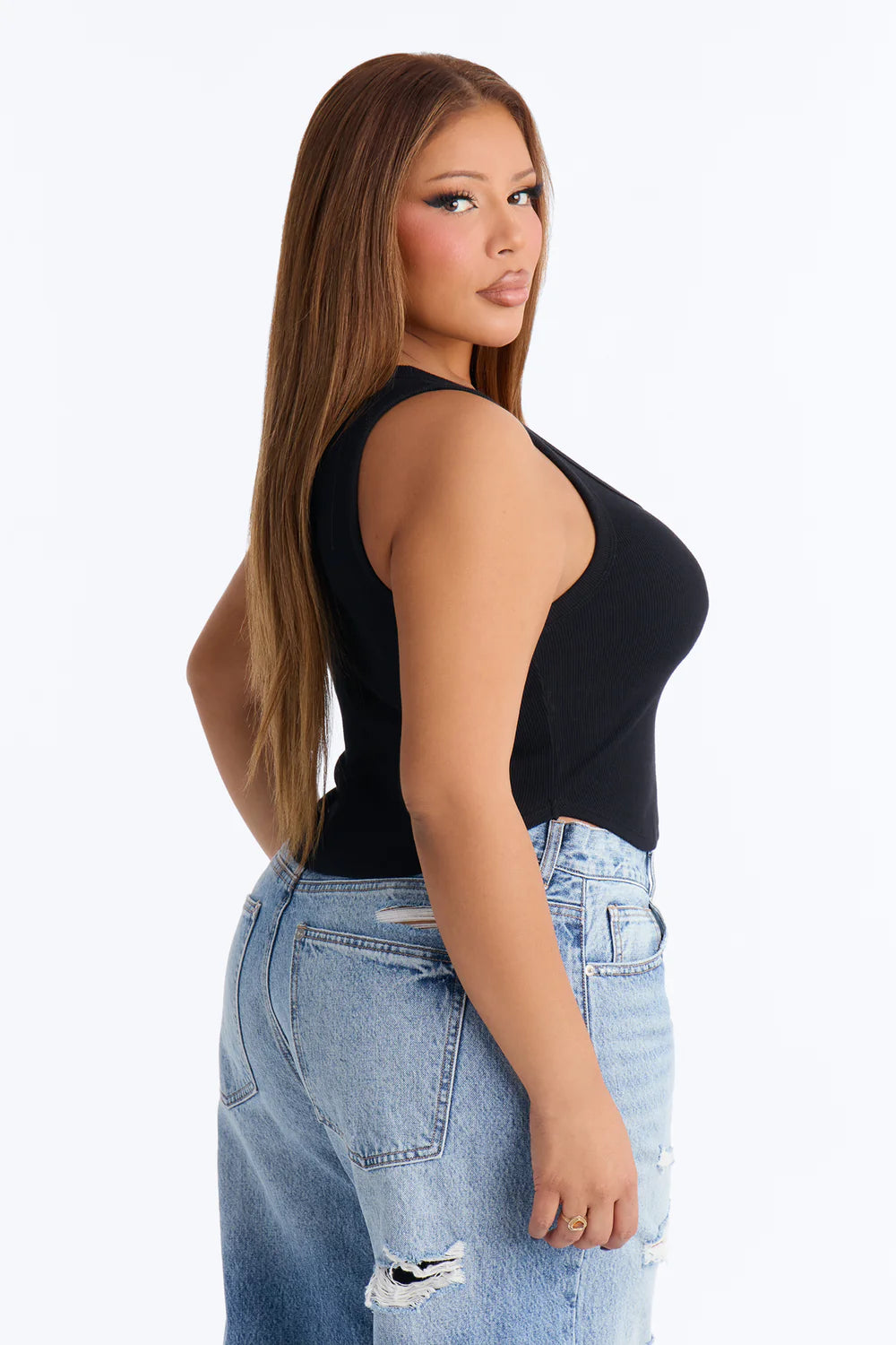 Black Ribbed Square Neck Crop Tank Top - Plus Size Side View