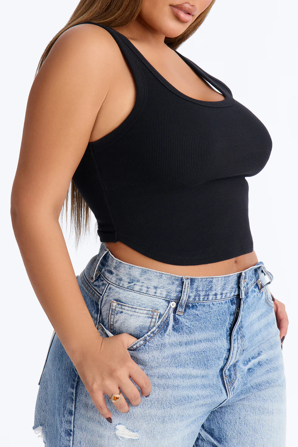 Black Ribbed Square Neck Crop Tank Top - Plus Size Front View