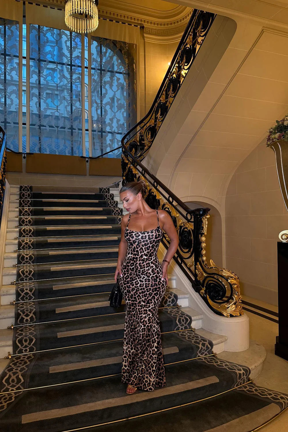 Leopard Print Spaghetti Strap Bodycon Maxi Dress - Brown Combo - Lifestyle Editorial Shot