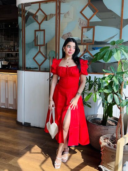 Vibrant Red Midi Dress with Puff Sleeves and Front Slit