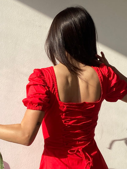 Vibrant Red Midi Dress with Puff Sleeves and Front Slit