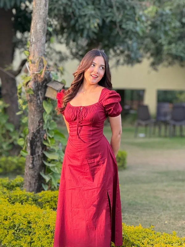 Maroon Bustier Sundress with Puff Sleeves and Lace-Up Front