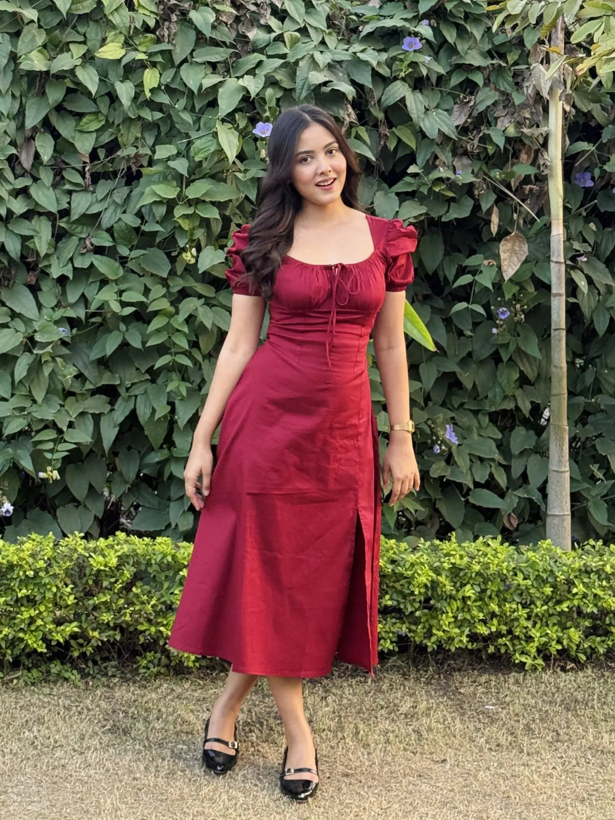 Maroon Bustier Sundress with Puff Sleeves and Lace-Up Front