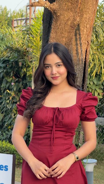 Maroon Bustier Sundress with Puff Sleeves and Lace-Up Front