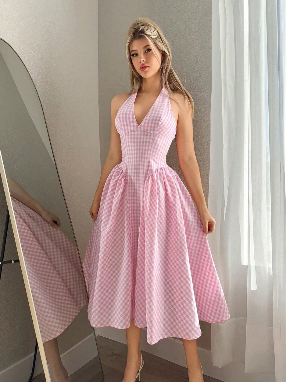 Pink and White Gingham Halter Midi Dress with Smocked Back