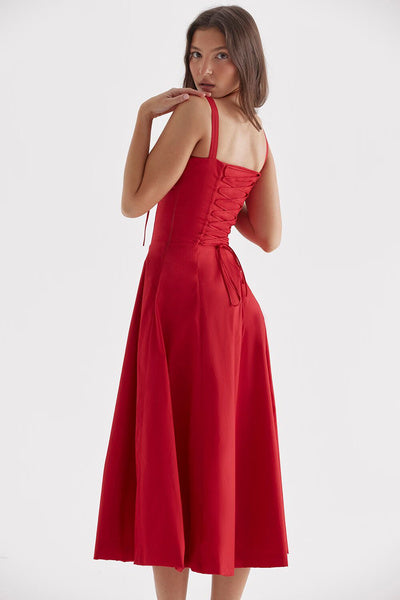 Red Corset-Style Bustier Midi Dress with Full Skirt