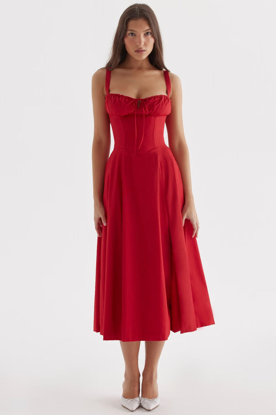 Red Corset-Style Bustier Midi Dress with Full Skirt