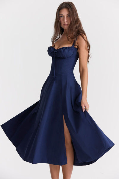Navy Blue Corset-Style Midi Dress with Lace-Up Back